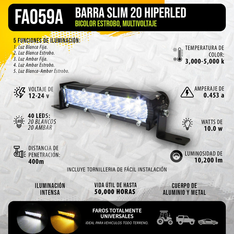 Barra Slim 40 Hiperleds 7'' Blanco-ambar 5 Funciones 12-24v