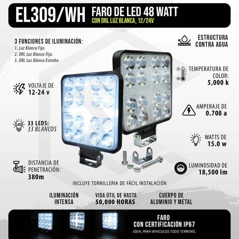 Par De Faros Cuadrados 33 Leds Aro De Luz Cruz Ip67 12-24v