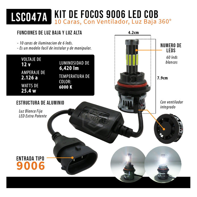 Kit Focos 9006 Led Cob 10 Caras Con Ventilador Luz Baja 360° 9006