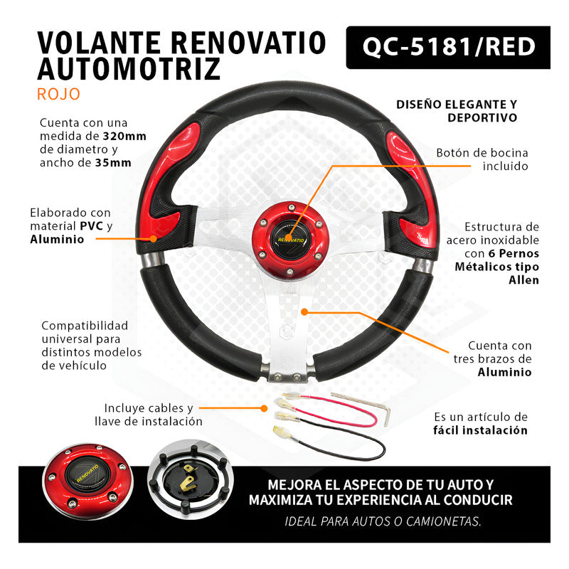 Volante Deportivo Universal De Metal Con 8 Pernos Rojo 33cm
