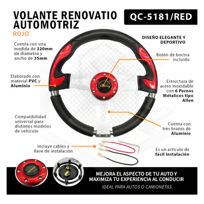 Volante Deportivo Universal De Metal Con 8 Pernos Rojo 33cm