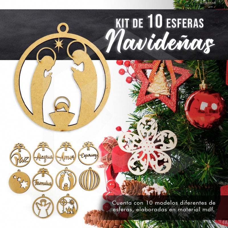 Esferas Navideñas Para Arbol Navidad 10 Piezas Mdf Mdf