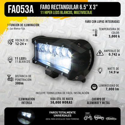 Faro Barra Auxiliar 11 Hiper Led Lupa Blanco Fijo 6'' 12-24v