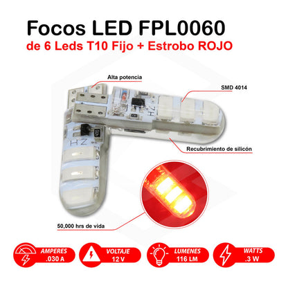 Par De Focos Pellizco Gel T10 Fijo + Estrobo 6 Leds Canbus