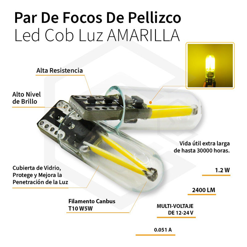 Par Focos De Pellizco Led Cob Vidrio Filamento Canbus T10 W5