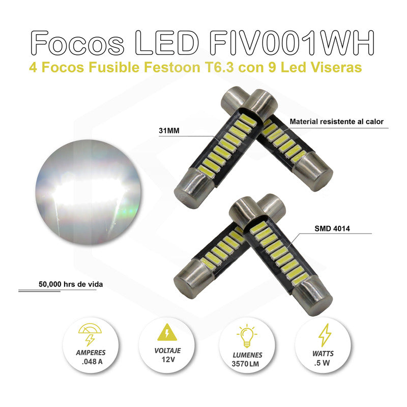 4 Focos Fusible Festoon 28mm Y 31mm T6.3 Con 9 Led Viseras