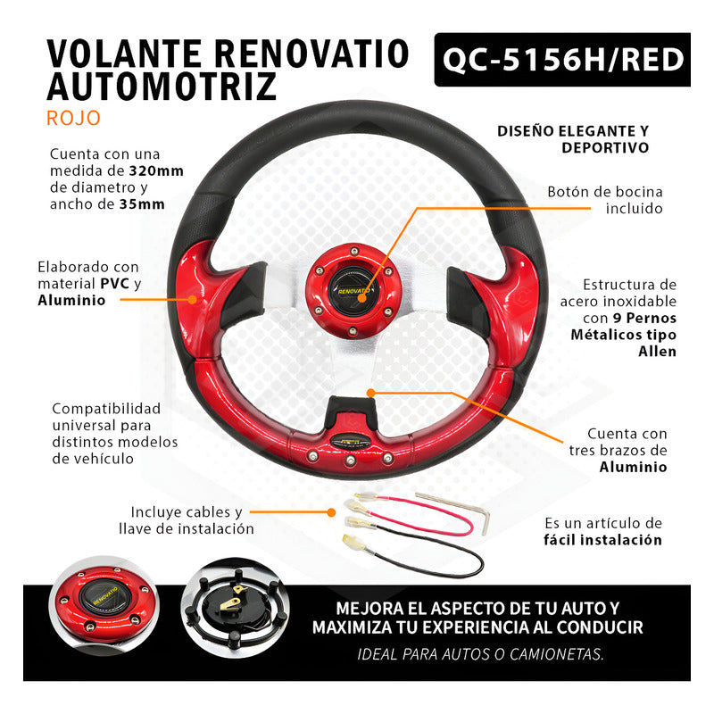 Volante Deportivo Universal De Metal Rojo Con 9 Pernos 32cm