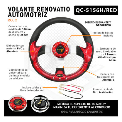 Volante Deportivo Universal De Metal Rojo Con 9 Pernos 32cm