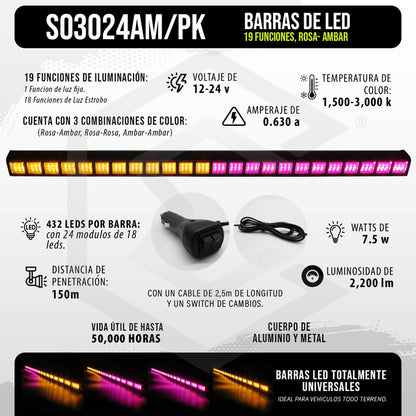 Barra 432 Led 19 Funciones 24 Módulos Bicolor Estrobo 12-24v