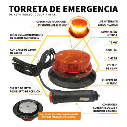 Torreta Led Color Ambar 12-24v 15w Ip65 Con Iman 7 Funciones