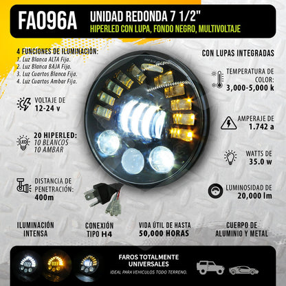 2 Faros Unidad Redonda 7'' 20 Hiperled Lupa Moto Bicolor 24v
