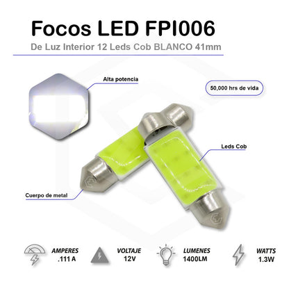 2 Pzs Foco Led Cob Festoon Fusible Interior 31 36 39 Y 41 Mm