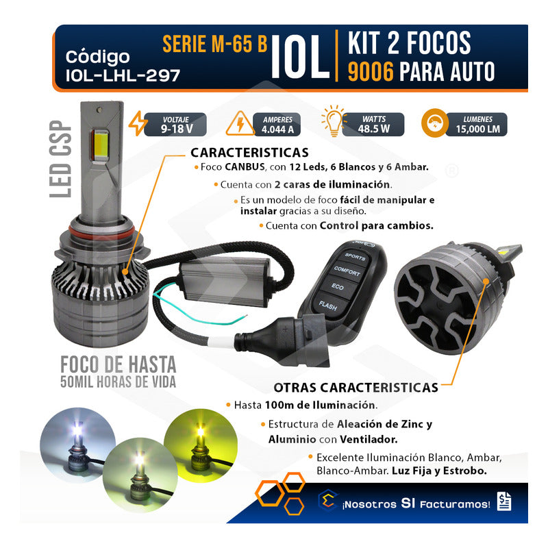 Kit 2 Focos 9006 12 Led Alta Baja Tricolor Control Nitrogeno 9006