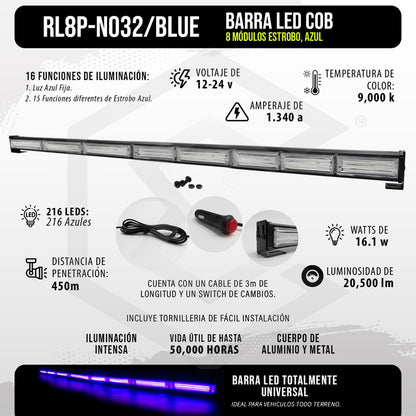 Barra Torreta Led Cob 8 Módulos Estrobo Código 16 Funciones