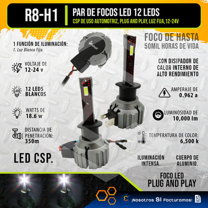 Kit Focos 12 Leds H1 Alta Baja Plug And Play 10,000lm 12-24v H1