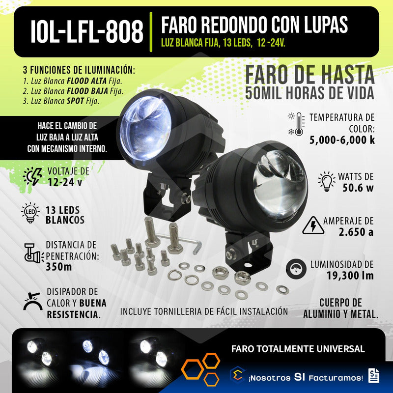 Par Faros 13 Leds Blanco Proyector Lupa Redondo 50.6w 12-24v Transparente