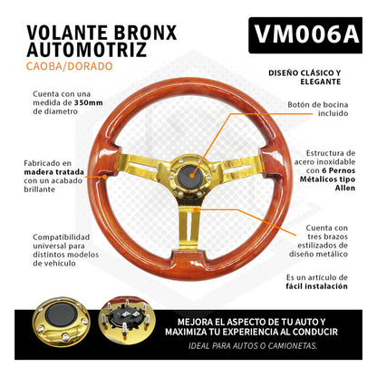 Volante De Madera Automotriz Universal Centro Dorado 35cm