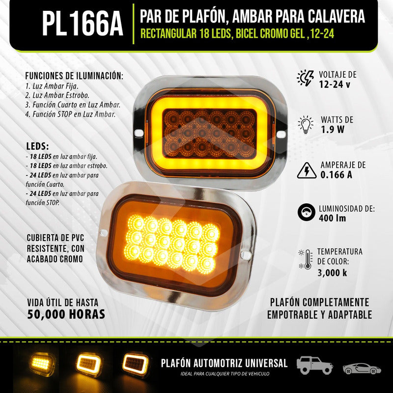 Par Plafón Calavera Rectangular 18led Bicel Cromo Gel 12-24v