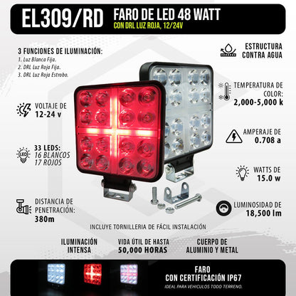 Par De Faros Cuadrados 33 Leds Aro De Luz Cruz Ip67 12-24v