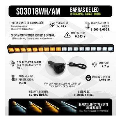Barra 324 Led 19 Funciones 18 Módulos Bicolor Estrobo 12-24v