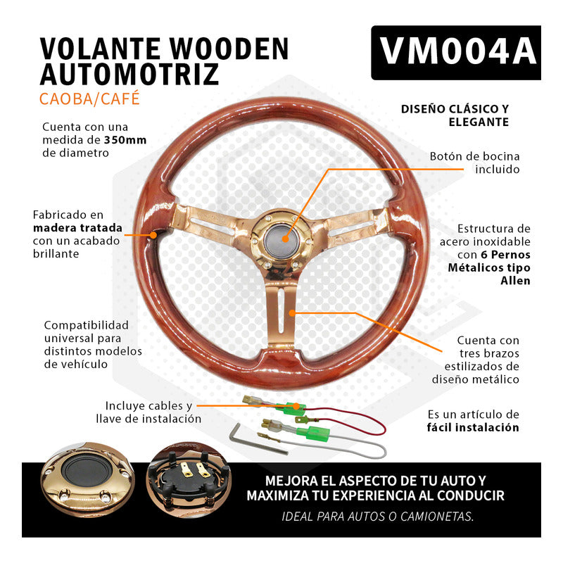 Volante Madera Automotriz Universal Centro Orobrillante 35cm