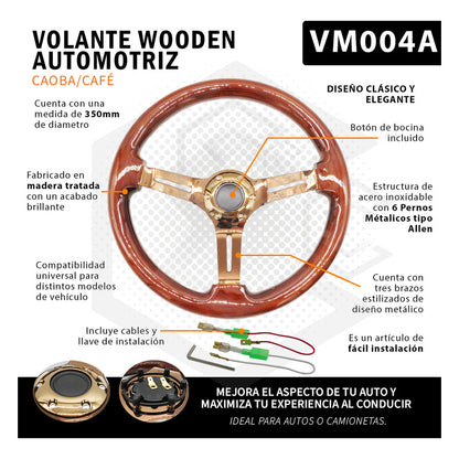 Volante Madera Automotriz Universal Centro Orobrillante 35cm