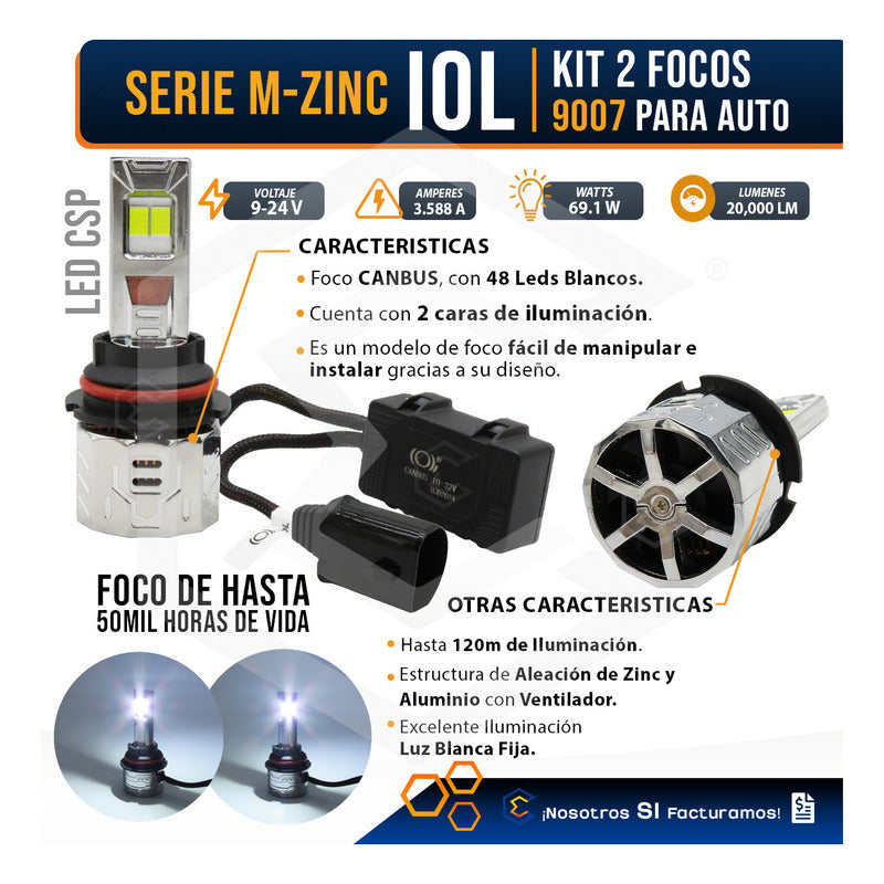 2 Focos 9007 48 Led Csp Nitrogeno Zinc Alta Y Baja 22,000lm 9007