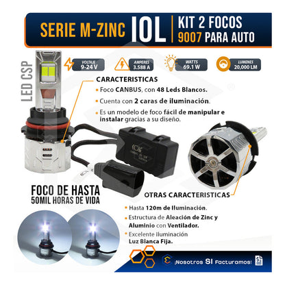 2 Focos 9007 48 Led Csp Nitrogeno Zinc Alta Y Baja 22,000lm 9007