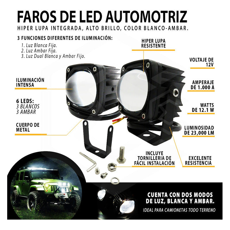Par De Faros Con Lupa  10-30v Cuadrado Blanco/ambar 23000lm