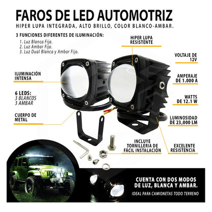 Par De Faros Con Lupa  10-30v Cuadrado Blanco/ambar 23000lm