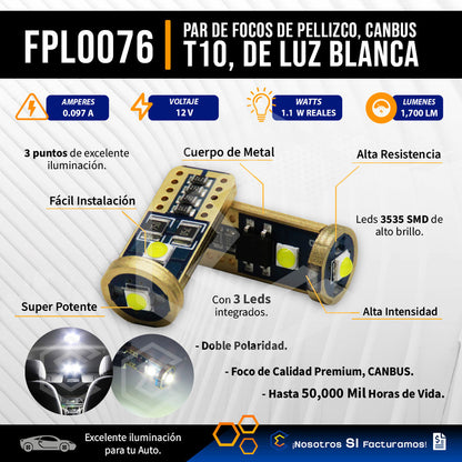 Kit 10 Focos Pellizco T10 Canbus 3 Leds Premium 1,700lm 12v