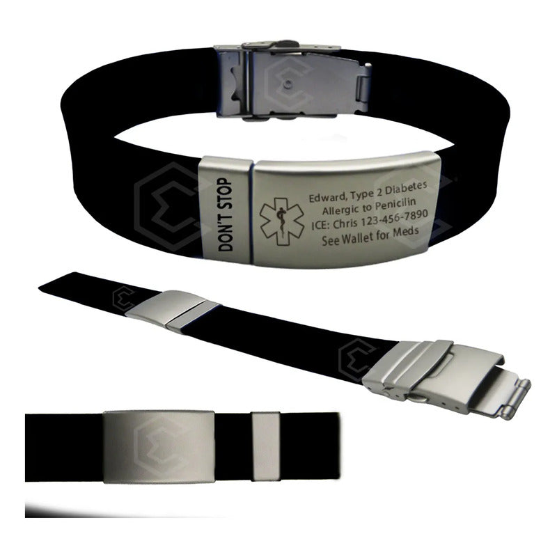 Pulsera Identificación Personalizada Emergencia Grabadoláser Negro