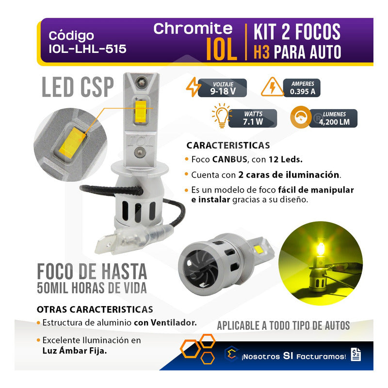 Kit Focos 12 Led Csp Ambar H3 Ventilador Alta O Baja 4,200lm H3 Ambar
