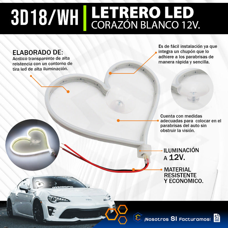 Figura Corazon Led Luz Neon Parabrisas Chupón Grande26cm 12v