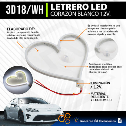 Figura Corazon Led Luz Neon Parabrisas Chupón Grande26cm 12v