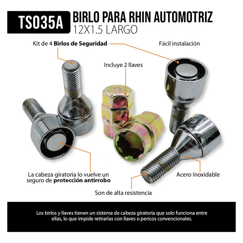 Juego De Birlos Seguros Para Rines C/ 2 Llaves 12x1.5 Largo