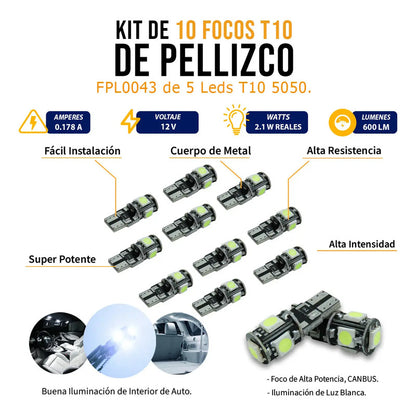 Kit De 10 Focos De Pellizco T10 5  Leds 5050 Alta Potencia