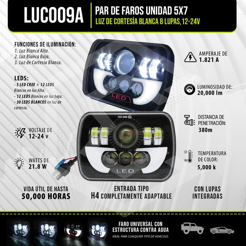 Par De Faros Unidad 5x7 Luz Cortesía Blanca 8 Lupas 12-24v