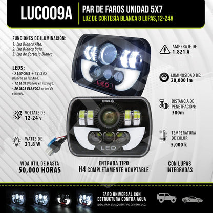 Par De Faros Unidad 5x7 Luz Cortesía Blanca 8 Lupas 12-24v