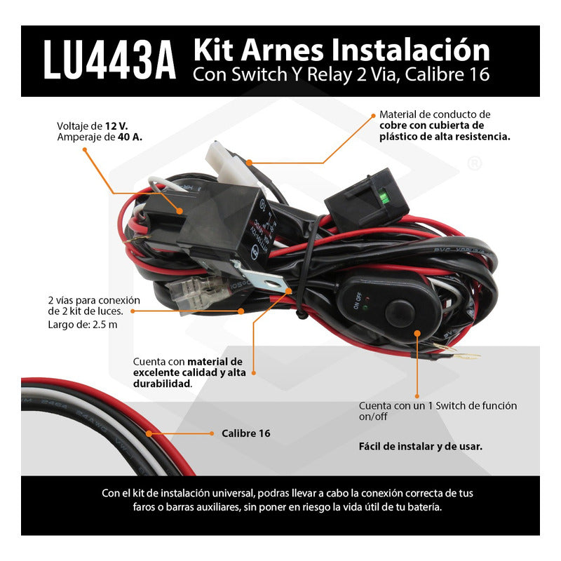 Kit Arnés Instalación Faros Barras Swtich Relay 2 Vía Cal 16