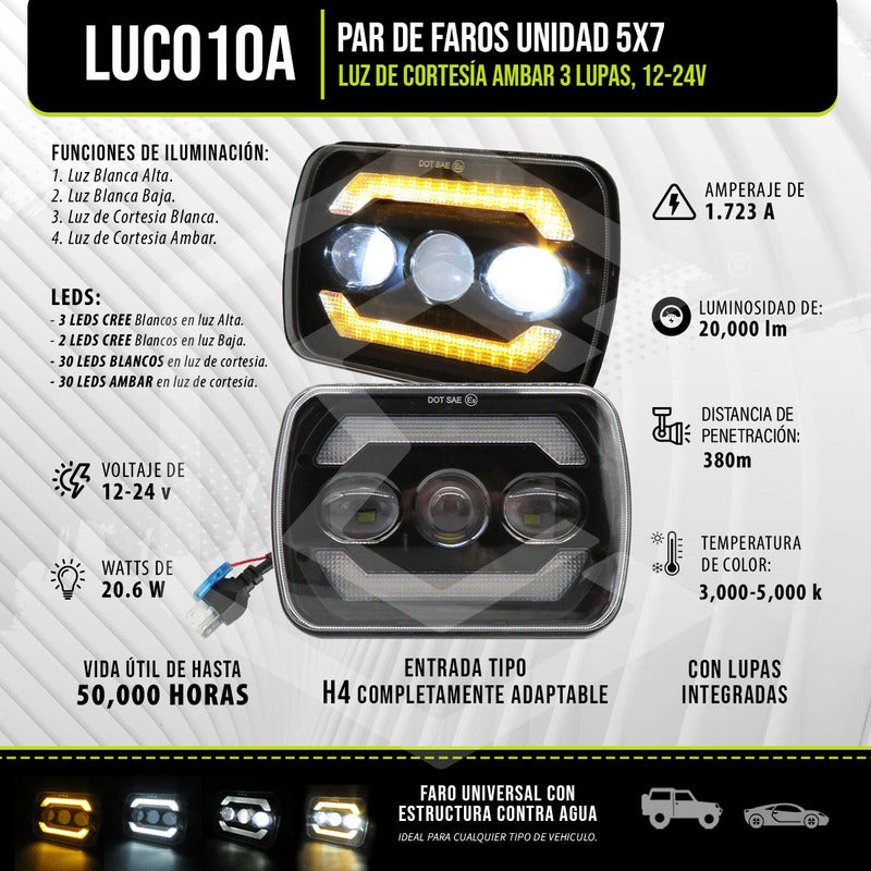 Par De Faros Unidad 5x7 Luz De Cortesía Ambar 3 Lupas 12-24v