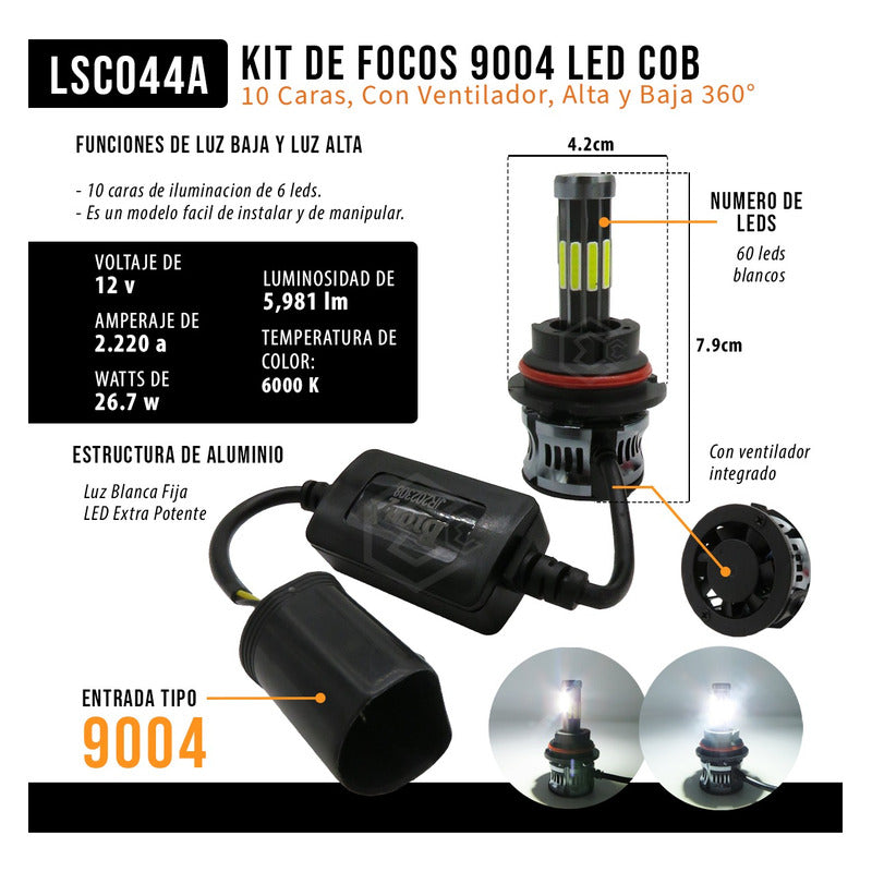Kit Focos 9004 Led Cob 10 Caras Ventilador Alta Y Baja 360° 9004