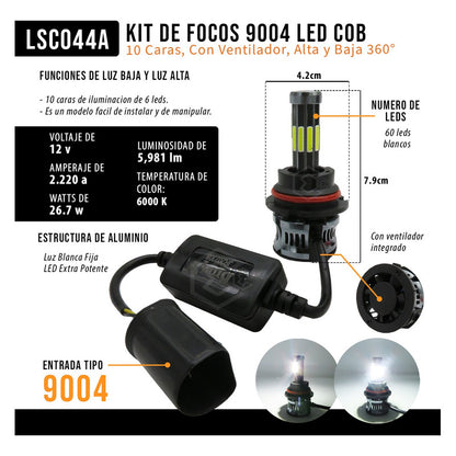 Kit Focos 9004 Led Cob 10 Caras Ventilador Alta Y Baja 360° 9004