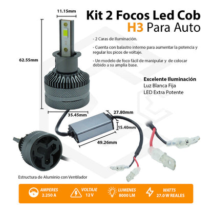 Kit Focos H3 12 Leds Csp 9-30v 27w Reales Alta Baja 8000lm H3