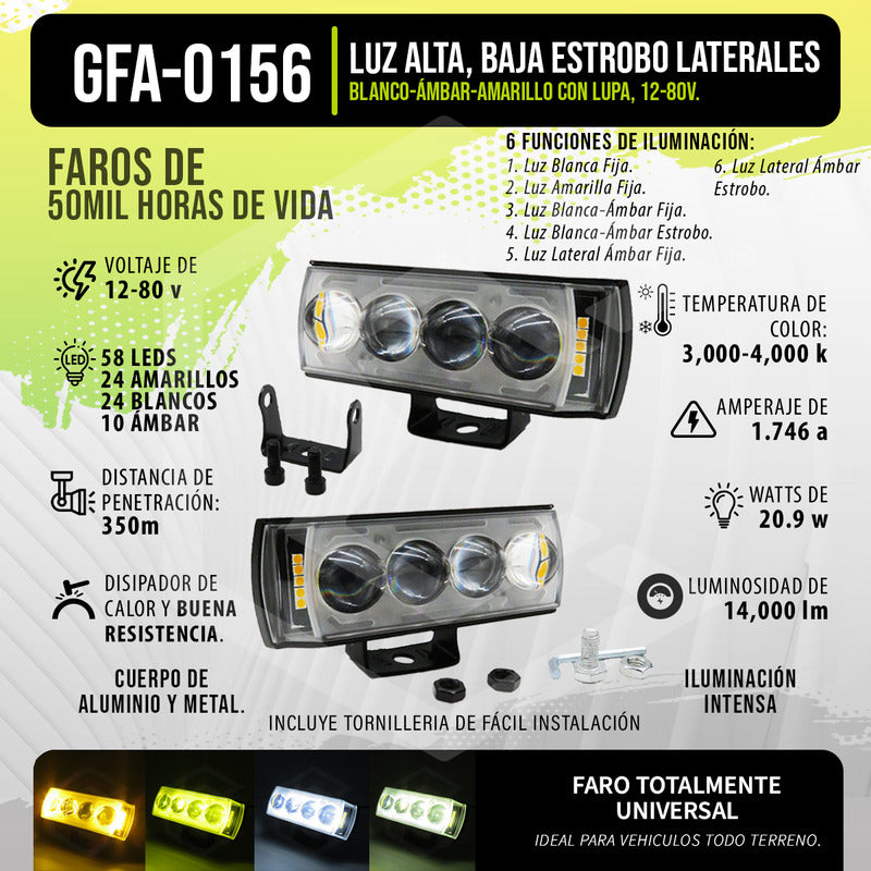 Par Faros 58 Leds 4 Lupas Blanco Ambar Fijo Estrobo 12-80v