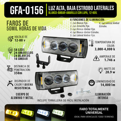 Par Faros 58 Leds 4 Lupas Blanco Ambar Fijo Estrobo 12-80v