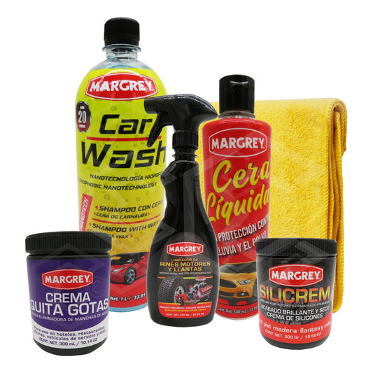 Margrey Kit Silicrem Shampoo Car Wash Crema Quita Gotas Cera
