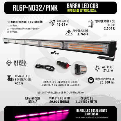 Barra Torreta Led Cob 6 Módulos Estrobo Código 16 Funciones