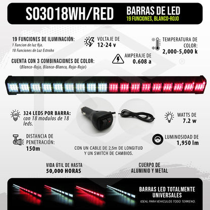 Barra 324 Led 19 Funciones 18 Módulos Bicolor Estrobo 12-24v
