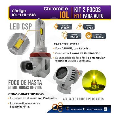 Kit Focos 12 Led Csp Ambar H11 Ventilador Alta O Baja 4200lm H11 Ambar